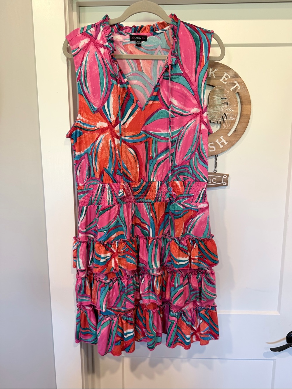 Cocomo Pink, Coral & Teal Floral Tiered Dress size L